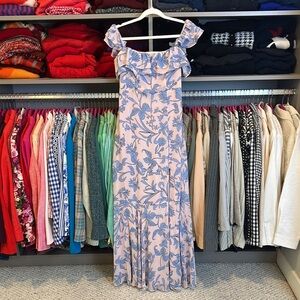 Lulus pink/blue floral print ruffle strap back zipper closure  maxi dress size S